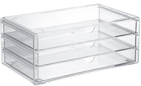 SUMTree Acrylic Storage Organiser with 3 Drawers, 28 * 16.5 * 12cm | Stackable Desktop Organiser for Stationery, Office Supplies, Jewelry, Hair Accessories, Cosmetic, Clear Makeup Storage Drawer