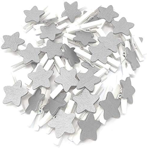 Lot de 50 mini pinces à linge blanches de 30 mm avec étoiles argentées de 18 mm pour mariage et Noël