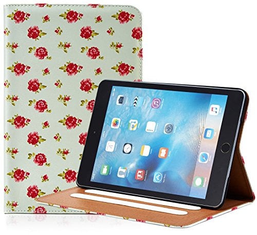 32nd Floral Series - Design PU Leather Book Folio Case Cover for Apple iPad Mini 4 (2015), Designer Flower Pattern Flip Case With Built In Stand - Vintage Rose Mint