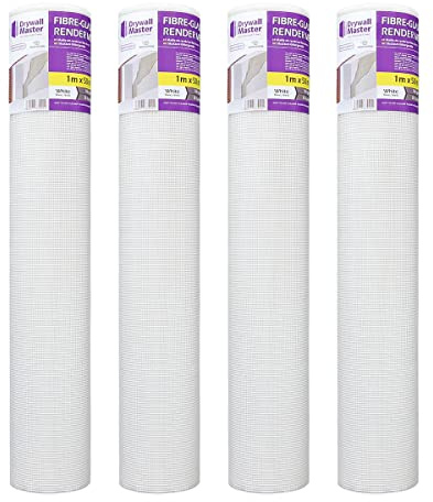 Drywall Master Rendering Render Mesh 50sqm 160g/m2 Coverage 4x4 mm, Fibreglass Alkaline Resistant Reinforcing Mesh, Plastering Crack Repair (Pack of 4)
