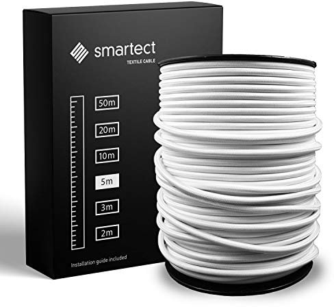 smartect Cavo Elettrico Tessile Bianco, 5 Metri Filo Elettrico Vintage, Tripolare (3 x 0.75mm²) Cavo Elettrico Rivestito in Tessuto per Fai da Te