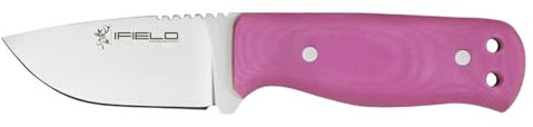 IFIELD Workout EL29113 Sportjagdmesser, 7 cm MOVA-Klinge, rosa Micarta-Griff, Bügelsäge, mit schwarzem Lederbezug, Campinggerät zum Angeln, Jagen, Sport treiben