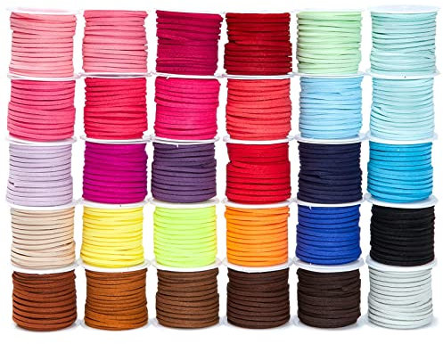 Bright Creations Dentelle en similicuir – 30 bobines, 2,5 mm x 140 m, multicolore – Pour loisirs créatifs et perles – Cordon plat végétalien et cordon en cuir perlé