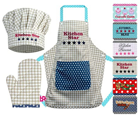 Emily´s Check Kochmütze + Küchenschürze + Topfhandschuh für Kinder - 3teiliges Set 1428.2002, Kitchen Star, Small [3-6 Jahre]