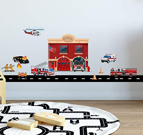 Wanddekoration für Jungen, Motiv: Baufahrzeuge, Wandaufkleber für Jungen, Motiv: Straßenszene, Vinyl, zum Abziehen und Aufkleben, für Schlafzimmer, Spielzimmer, als Geburtstagsgeschenk (Feuerwehrwehr)