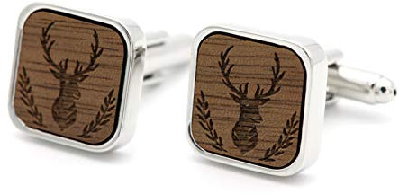 NaturSchatulle Manschettenknöpfe Herren Holz Gravur Hirsch Ast 1 Paar Silber Manschettenknopf Eckig Hochzeit Anzug Männer Cufflinks for Men