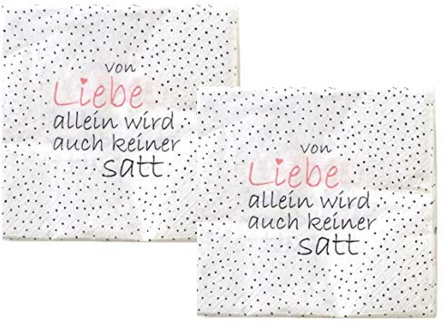 Bada Bing 2er Set mit 40 Stück Servietten mit Spruch für Geburtstag Hochzeit - lustige Papierservietten weiß „Von Liebe allein wird auch keiner satt“ - edle Tischdeko Deko für den Frühling Sommer