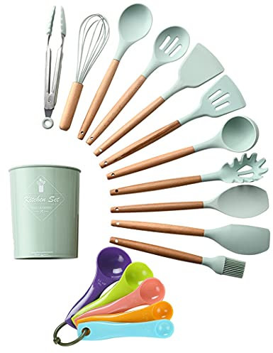 SIPLIV Juego de 17 utensilios de silicona con mango de madera, utensilios de cocina resistentes al calor, utensilios de cocina fáciles de limpiar, utensilios de cocina para utensilios, verde menta
