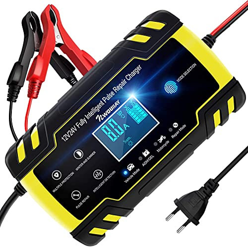 NWOUIIAY 12V/24V 8A Automatic Car Battery Charger with LCD Touch Screen Intelligent Charger for Car, Motorcycle & Boat Multiple Charge Protection & Maintenance Features