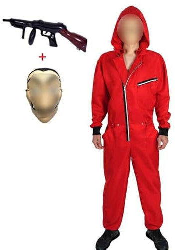 Yigoo Halloween Partner Kostüm Damen Herren Bankräuber Fasching Kostüm Karneval Overall mit Maske und Spielzeugpistole Cosplay für Erwachsene Rot L