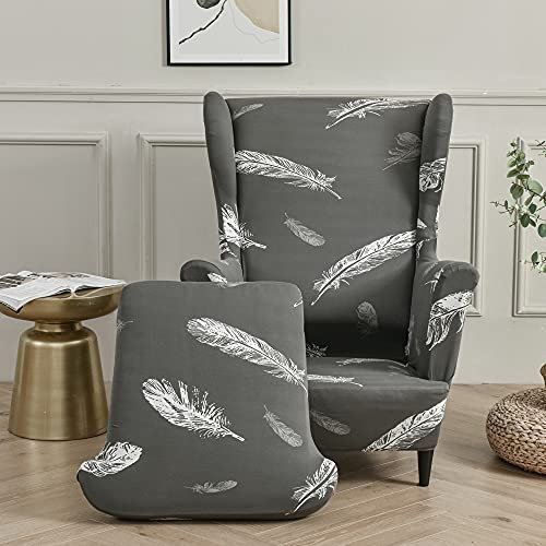 Highdi 2 Teilig Ohrensessel Überzug, Sessel-Überwürfe Ohrensessel Schonbezüge Bezug Sesselhusse Elastisch Stretch Tiger Stuhlbezug mit Armlehne Hohe Rückenlehne Universal (Graue Feder)