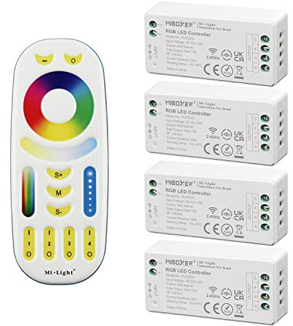 LIGHTEU®, kit di controllo remoto Miboxer: confezione da 4 controller per strisce LED RGB e 1 telecomando wireless a 4 zone LED RGBCCT 4x fut037S + fut092
