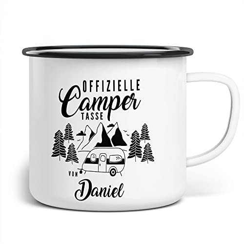 FunTasstic Emaille Tasse Unisex - Trinkbecher Camping personalisiert - Emaille Becher mit Camping-Motiv - Campertasse mit Namen - Emaille Becher Weiß bedruckt für Abenteuerer