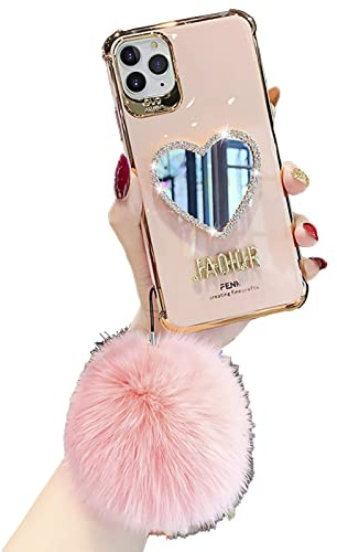 Anloes for Makeup Mirror Phone Case Luxurious Bling Heart-Shaped Frame Hairball Case, Girly Cute Bling Shining Protective Case for iPhone (iPhone 13 Mini, Pink)