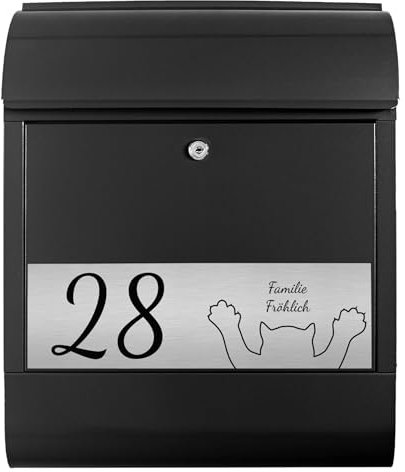 banjado® Briefkasten personalisiert mit graviertem Namensschild in Silber/Briefkasten schwarz 39x47x14cm / Briefkasten mit Hausnummer, Namen & Motiv WT Scratch/Briefkasten mit Zeitungsfach