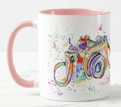 Vixar Camera Photograph Gift Watercolour Art Coloured Mug Cup Gift Birthday Work Office Christmas Tea Coffee (Pink)