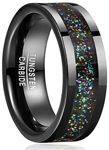 GALANI 8mm Hochzeit Ring Herren/Damen Wolfram Ring Schwarzer Ring Ehering Verlobungsring Freundschaftsring Partner Ringe mit Glitzer Poliertes Finish Größe 65(20.7)