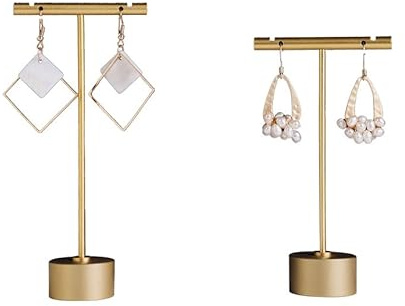GISELA D 2 x goldfarbene Metall-Ohrring-T-Ständer, Einzelhandel, Display-Halter für Show, Schmuck, Online-Shops, Fotografie, Display-Requisiten (goldene runde Basis, 2 Stück, Höhe 11,4 cm und 13,5 cm)