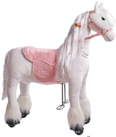 Ponnie Reitpferd mit Rollen Tiara M (5-12 Jahre), Spielpferd zum Reiten mit Abnehmbarer Rosa Sattel und Halfter mit Zaumzeug, Kämmbare Mähne und Schwanz, Plüschpferd zum Reiten für Kinder