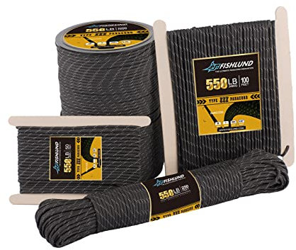 FISHLUND Reflective Paracord 550 lb, 7 Strand Type III Paracord Rope 50ft 4mm, Nylon Parachute Cord for Camping, Black