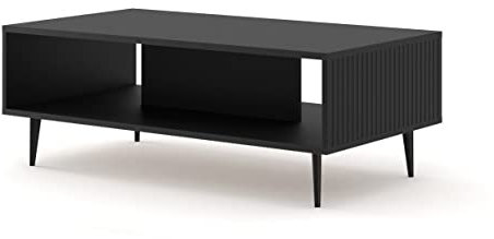 BIM Furniture Couchtisch Ravenna B 90 x 60 cm gefräste MDF-Dekorationen auf Schwarze Metallbeinen EIN Kaffeetisch Tisch mit Regal (Schwarz Matt)