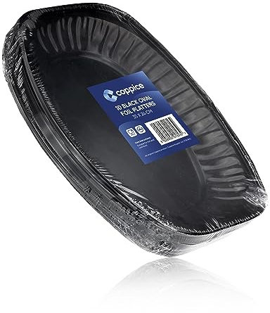 Coppice Black Oval Aluminium Foil Platters for Parties, Buffets & Entertaining | 35cm x 24cm | Food Safe | 10 Pack