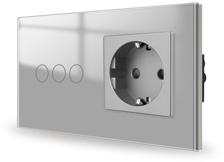 JIMEIDA Interruptor de luz táctil con enchufe gris, empotrable, 3 vías, panel de cristal e interruptor de pared LED de estado, no requiere cable neutro, 157 x 86 mm