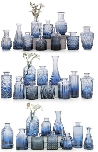 Bonne Ambiance Juego de 30 jarrones de cristal azul para flores, jarrones pequeños para flores, jarrones a granel, bonitos jarrones de cristal para centros de mesa, mini jarrón vintage para decoración