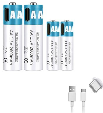 WILLQ AA+AAA-Akkus 1,5 V 2600 mAh + 2300 mAh Lithium-Ionen-Akku mit hoher Ausgangsleistung, schnelles USB-C-Laden (mit Kabel) für Spielzeug/Tastaturen,2600mah+2300mah,2pcs