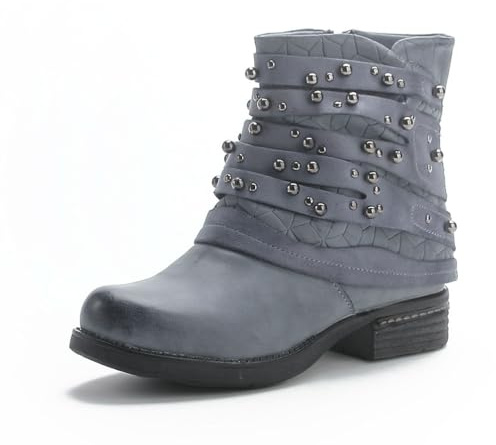 Pogolino Stivaletti da donna con borchie, stivali biker con cerniera, piatti e comodi ST016, 42 EU