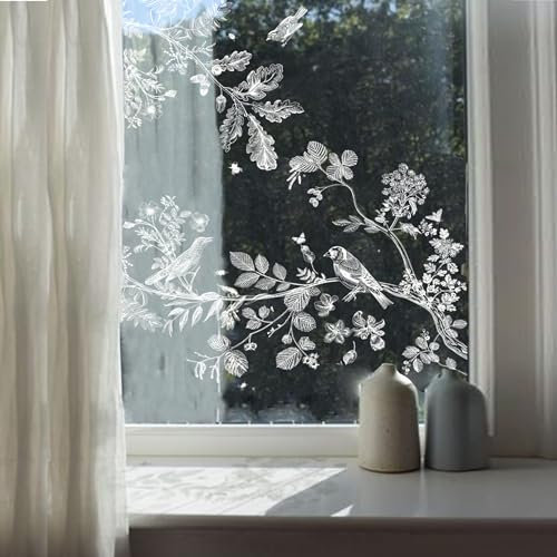 Neukids Vögel Fenstersticker, Weiß Blumen Zweig Vögel Fenster Aufkleber, Pflanzen Fensterbild Aufkleber für Wohnzimmer Schlafzimmer Küche Bad Büros Glastüren Fensterdeko