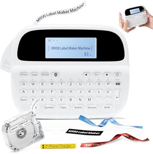 Goknu Beschriftungsgerät Selbstklebend, Etikettiergerät Bluetooth,Handy Etikettendrucker mit QWERTZ Tastatur, M950 Label Printer mit Etiketten Labeldrucker, Schreibmaschine for Büro Homeoffice
