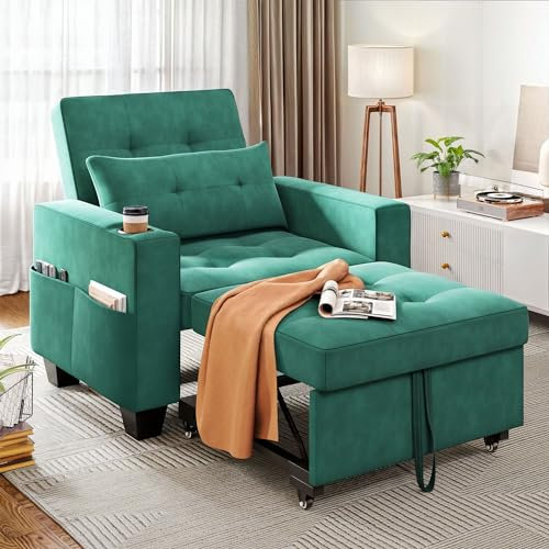 YITAHOME 3-in-1 Schlafsessel mit Bettfunktion, Schlaferstuhl Ausziehbar Schlafstuhl Betten Ausziehbarer Schlafsofa mit Regulierbarer Rückenlehne, Seitentasche (Grün)