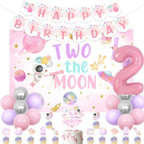 Jollyboom Two The Moon Geburtstagsdekorationen Mädchen, Weltraum 2. Geburtstag Hintergrund Happy Birthday Banner Kuchen Cupcake Topper Rosa Nummer 2 Folienballon für Mädchen Weltraum Thema 2. Party