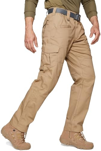 SPOSULEI Taktische Hose Herren Ripstop Cargohose Leichte Outdoor Wanderhose Arbeitshosen wasserdichte Militär Safari Hose Mit 9 Taschen Khaki 42Wx30L