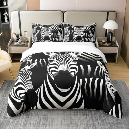 100% Baumwolle Zebra Bettbezug 135x200 Zebra Druck Bettwäsche Set für Erwachsene Teens Schwarz Weiße Streifen Tröster Abdeckung Wildlife Tier Bettbezug mit 1 Kissenbezug, Schlafzimmer Dekor