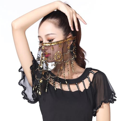 LERTREEUK Frauen Bauchtanz Gesichtsschleier Perlen Pailletten Tanz Kleid up Perlen Quaste Dame Niqabs Party Show Kostüm (Schwarz)
