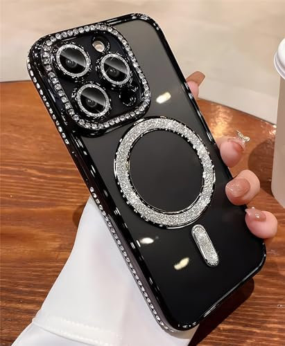 Tybiky Kompatibel mit iPhone 12 Handyhülle, Diamant Glitter Pailletten Mag-Safe Magnetische Transparent Schutzhülle, Weiche TPU Dünn Stoßfest Abdeckung Glänzend Strass Bumper Cover, Schwarz