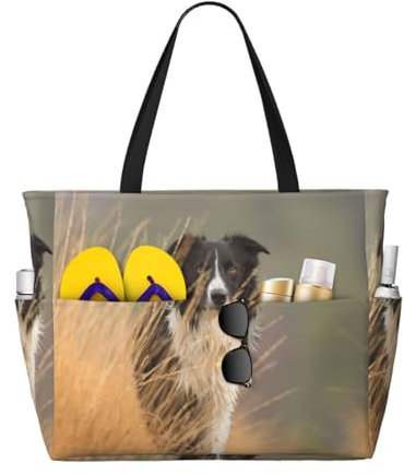 HDTVTV Border Collie Rasen Haustiere Schwarz Weiß Grenze, Große Strandtasche Umhängetasche für Damen - Tragetasche Handtasche mit Griffen