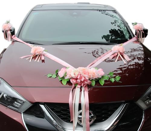 Premium Autoschmuck Hochzeit Motorhaube, Auto Schmuck Braut Paar Rose Blumen Deko, Auto Wedding Deko Girlande,Rosa Rosendekoration, Hochzeitsauto Dekorationsset mit Extrastarken Saugnäpfen und Band