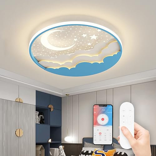 LED Kinder Deckenlampe Stern Mond Deckenlampe, Dimmbar Acryl Deckenleuchte Für Kinder Mit Fernbedienung, Modern Kinderzimmer Deckenbeleuchtung Junge Mädchen Schlafzimmer Deckenleuchte, Blau, 50cm