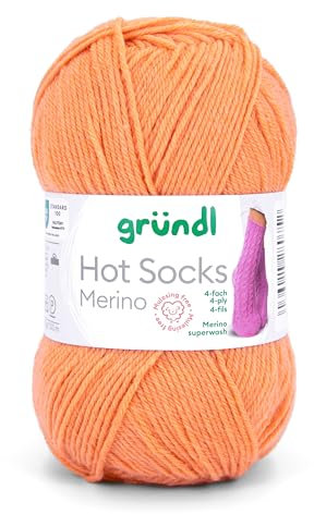Gründl Hot Socks Merino, Sockenwolle mit Merinowolle orange, Strumpfwolle 4-fädig 50g / 200m, Sockengarn 4fädig uni einfarbig (09 orange)