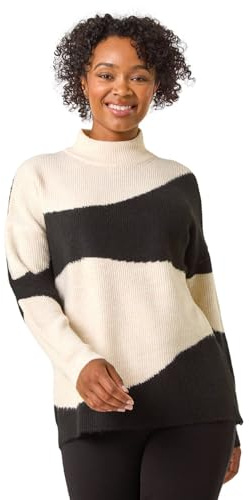 Roman Petite Colour Block Knit Jumper for Women UK - Ladies Everyday Autumn Winter High Neckline Comfy Soft Evening Vacation Work Party Night Out - Petite Black - Size 18