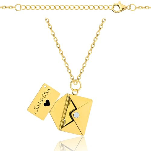 Lumari Gold Personalisierte Halskette mit Briefumschlag-Anhänger zum Öffnen - Foto Medaillon mit Gravur innen - Edelstahl Kette Geschenkidee Damen Herren, Gold