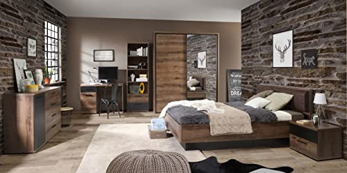 Jugendzimmer Tezaur Jacky - Gaming Zimmer Komplett Set, in Schlammeiche- Schwarzeiche, Matratze & Lattenrost optional - Verschiedene Set Varianten (9 teilig mit normaler Schreibtisch + Matratze)