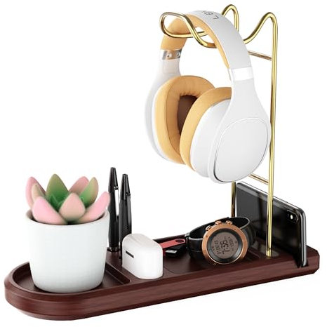 ATSKIM Wooden Headphone Stand for Desk, Headset Holder with Storage Base, Game Controller and Headset Stand for Airpod Max and More, Desktop Headphone Hanger for Gaming, Office (Gold)