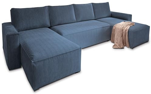 Masseno Ecksofa ASPRA mit Schlaffunktion U-Form, Sofa mit Bettkasten, Wohnzimmersofa, Couch, Soffa, Bettsofa, Couchgarnitur- Blau, POSO 05