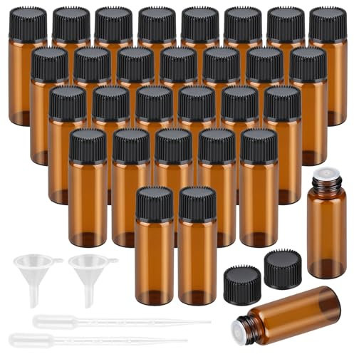 RVLZKCPG 30 Stück Tropfflasche für Ätherische Öle, 5ml Mini Glasflaschen, Nachfüllbare Apothekerflasche, Kleine Braunglasflasche mit Tropfer und Trichtern für Ätherisches Öl, Massage