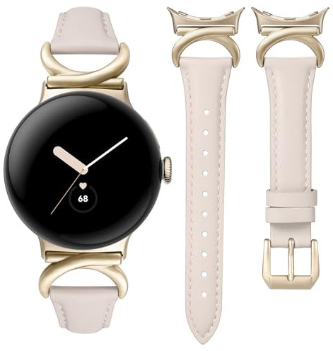 TOYOUTHS Lederarmband Kompatibel mit Google Pixel Watch 3 41mm/Pixel Watch 2/Google Pixel Damen, Schlank Dressy Leder Armbänder mit C-förmiger Schnalle für Pixel Watch 2, Polarstern/Champagne Gold