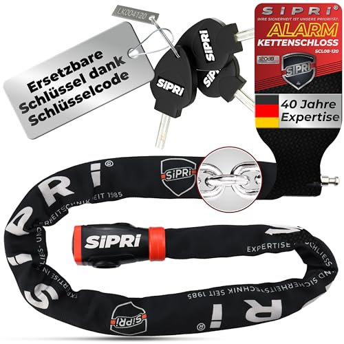 SIPRI® Fahrradschloss mit Alarm 120 dB | Gehärtetes Kettenschloss für E-Bike | E-Scooter & Motorrad | 8 mm Stahl | 120 cm | wetterfest | Diebstahlschutz | Schloss mit Schlüssel | robust & sicher